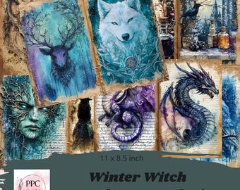May include: A junk journal kit with a winter witch theme. The kit includes 11 x 8.5 inch pages with images of a wolf, a deer, a dragon, and a tree spirit. The pages are printed on textured paper with a vintage look.