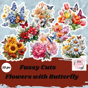 Kieskeurige bezuinigingen afdrukbare bloemen en vlinders, lente-uitsparingen, afdrukbare stickers, lente-ephemera voor junk journal