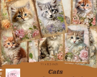 May include: Junk journal kit with six images of cats in a vintage style. The images feature cats with different fur colors and patterns, surrounded by flowers and floral designs. The kit is 11 x 8.5 inches.