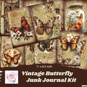 Vintage butterfly junk journal kit printable, butterfly journal, digital paper, digital junk journal, pages and ephemera for journal,