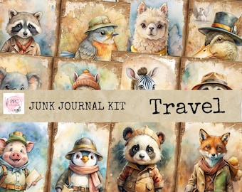 Travel junk journal kit, Animals travel notebook, scrapbooking supplies, printable journal