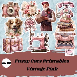 Vintage pink fussy cuts printables, Vintage pink ephemera for junk journal, junk journal supplies, scrapbooking, card making