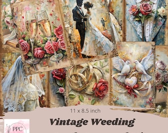 May include: A collage of vintage wedding-themed images, including champagne glasses, roses, a bride and groom, doves, and wedding rings. The text "Vintage Weeding Junk Journal Kit" is displayed, with dimensions of 27.9 x 21.6 cm.
