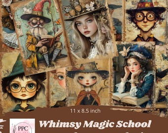 May include: Whimsy Magic School Junk Journal Kit, a digital download with 11 x 8.5 inch printable pages featuring whimsical illustrations of witches, wizards, and magical creatures.