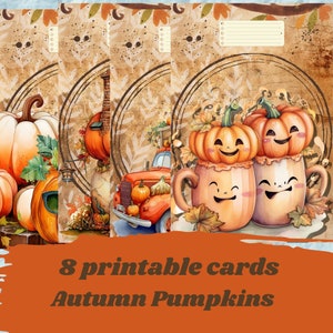 Printable autumn pumpkin cards, digital cards to print, digital collage, digital paper, fall junk journal, junk journal cards, ATC supplies