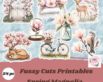 May include: A set of 24 fussy cut printable stickers with a spring magnolia theme. The stickers depict illustrations of a deer, fox, bicycle, flowers, and a bird. The image text reads "Fussy Cuts Printables Spring Magnolia".