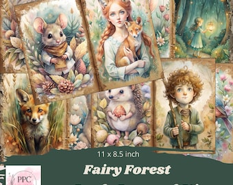 May include: A collection of illustrated pages featuring whimsical forest creatures and children, including a mouse, fox, and hedgehog. The pages are part of a "Fairy Forest Junk Journal Kit", measuring 11 x 8.5 inches.
