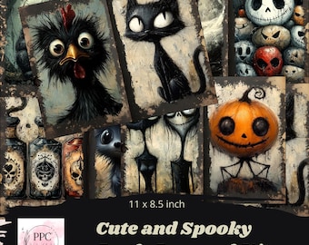 May include: A selection of illustrated cards with spooky and cute characters, such as a black cat, a pumpkin, and a chicken. The cards measure 27.9 x 21.6 cm. The image text reads "Cute and Spooky Junk Journal Kit."