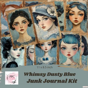Vintage blue junk journal kit, vintage junk journal, junk journal supplies, Digital download, printable journal, vintage women journal kit