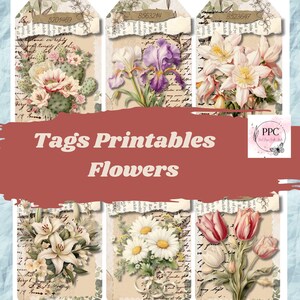 Printable flowers tags, digital scrapbooking tags, Junk journal supplies, junk journal tags to print, vintage flowers ephemera