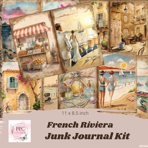 Puede incluir: Un kit de diario basura de la Riviera francesa con ilustraciones en acuarela de escenas costeras, incluyendo un mercado, una pareja, una playa y frascos de perfume. El kit mide 27,9 x 21,6 cm.