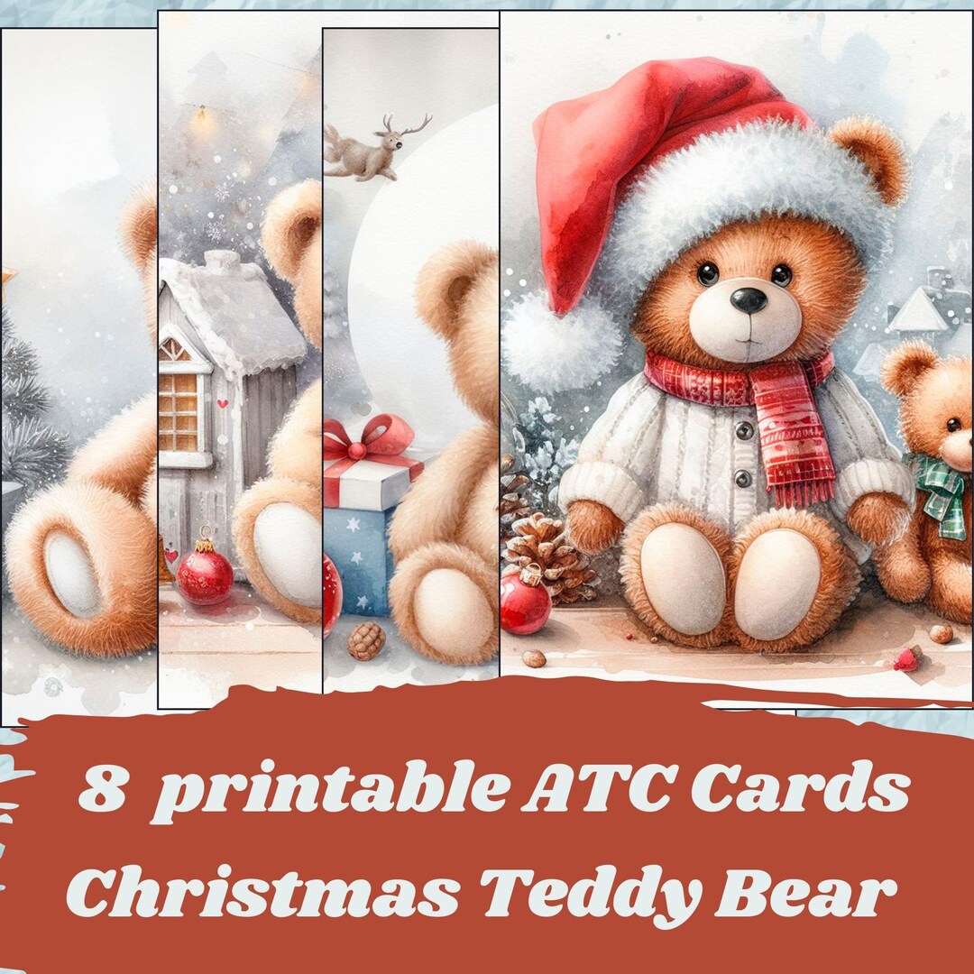 Christmas Teddy Bear Printable ATC Cards, Digital ATC Cards for Junk