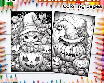 May include: Two black and white Halloween colouring pages featuring a witch and a jack-o'-lantern. The pages are surrounded by colourful pencils. The text at the top says "40 Halloween Coloring pages."