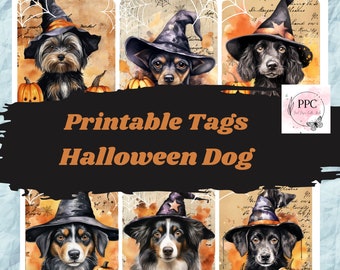 May include: Printable Halloween dog tags with watercolour illustrations of dogs in witch hats, pumpkins, and spiderwebs. The tags have a vintage paper background and the text "Printable Tags Halloween Dog".