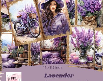 May include: Lavender themed junk journal kit featuring images of lavender flowers, a bicycle, a woman wearing a hat, and a bedroom scene. The kit includes 11 x 8.5 inch pages.