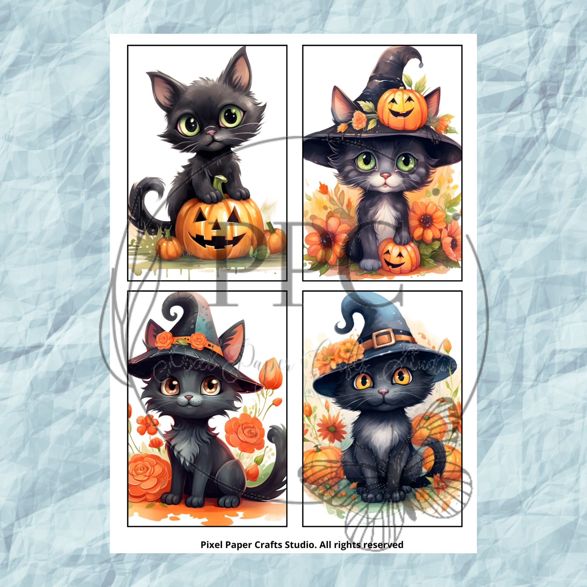Black Cat Halloween Printable Cards, Digital Scrapbook Paper, INSTANT ...