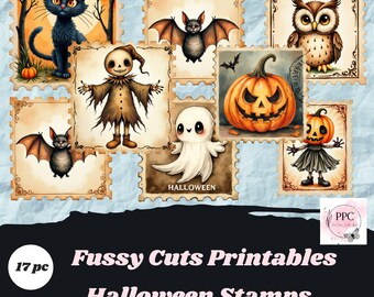May include: A selection of Halloween-themed fussy cut printables. The images feature a black cat, bats, an owl, a scarecrow, a ghost, and jack-o'-lanterns. The text on the image reads "Fussy Cuts Printables Halloween Stamps".
