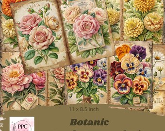 May include: A collection of vintage-style botanical junk journal kit pages. The pages feature illustrations of roses, pansies, and other flowers. The kit is 11 x 8.5 inches and includes the text "Botanic Junk Journal Kit".