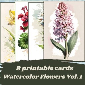 Printable watercolor flower cards for junk journal, digital scrapbooking paper, digital cards, botanical ephemera to print, botanic card