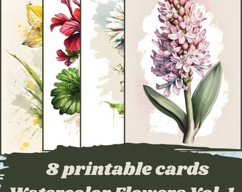 Tarjetas flores acuarela imprimibles para diario basura, papel digital álbum de recortes, tarjetas digitales, efimera botánica,