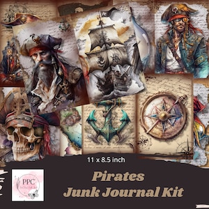Vintage Pirate junk journal kit printable, Pirates junk journal, printable paper, digital collage paper