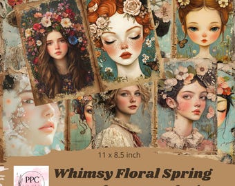 Whimsy floral spring junk journal kit printable, Spring junk journal kit, junk journal pages, junk journal ephemera,