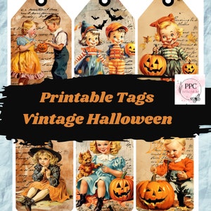 Etiquetas imprimíveis de Halloween vintage, etiquetas de lixo digital, etiquetas para presentes, coisas efêmeras de Halloween para impressão