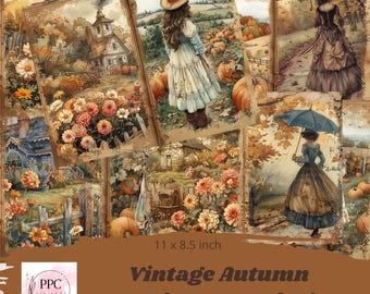 Vintage autumn junk journal kit printable, vintage fall junk journal kit, junk journal pages, junk journal ephemera, fall ephemera printable