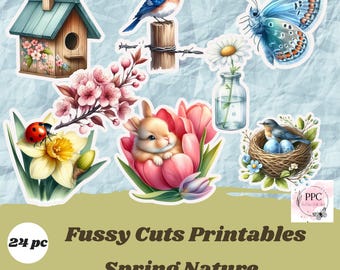 May include: A set of 24 fussy cut printable stickers with spring nature designs. The stickers depict a birdhouse, birds, a butterfly, a bunny in tulips, a ladybug on a flower, and a bird's nest. The text "Fussy Cuts Printables Spring Nature" is also included.