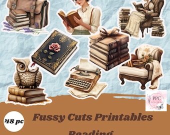 May include: A selection of fussy cut printable stickers with a reading theme. The stickers feature images of books, an owl, a typewriter, a vintage chair, and people reading. The text "Fussy Cuts Printables Reading" is displayed.
