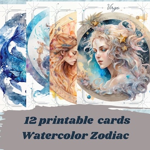 Tarjetas zodíaco acuarela imprimibles, tarjetas celestiales, papel imprimible para album recortes, diario basura, DESCARGA INSTANTÁNEA