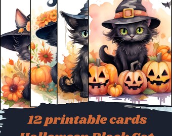 May include: A set of 12 printable Halloween cards. Each card features a watercolour illustration of a black cat in a witch's hat, pumpkins, and autumn leaves. The cards have a whimsical design, ideal for seasonal greetings.