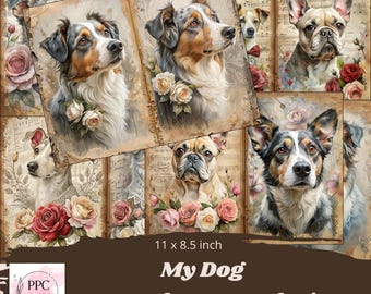 Dog junk journal kit, Pet junk journal, junk journal supplies, Digital download, printable journal, Country ephemera