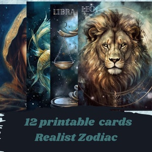 Tarjetas zodíaco imprimibles para diario basura, tarjetas digitales, tarjetas celestiales para album de recortes, papel digital
