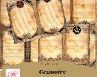 May include: A selection of aged grimoire junk journal pages. The pages are lined and have ornate black borders with pentagram and star designs. The text "Grimoire Junk Journal Pages" is displayed below the pages. The pages measure 27.9 x 21.6 cm.