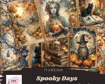 May include: A collection of vintage-style illustrations with a Halloween theme. The images include pumpkins, a witch, an owl, a black cat, and a woman holding a pumpkin. The text "Spooky Days Junk Journal Kit" is displayed. The paper size is 27.9 x 21.6 cm.