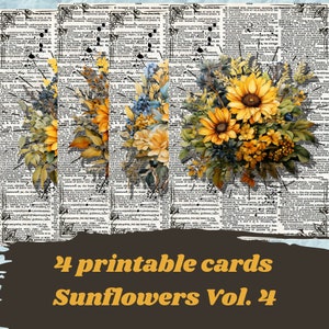 Sunflowers cards printables for junk journal and scrapbooking, digital cards, sunflowers ephemera print INSTANT DOWNLOAD, junk journal paper