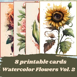 Printable watercolor flower cards for junk journal, digital scrapbooking paper, digital cards, botanical ephemera to print, botanic card
