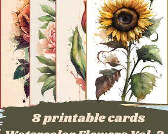 Tarjetas flores acuarela imprimibles para diario basura, papel digital álbum de recortes, tarjetas digitales, efimera botánica,