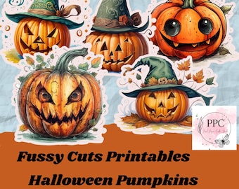 May include: A selection of Halloween pumpkin stickers. The pumpkins are orange with carved faces and some are wearing green witch hats. The text "Fussy Cuts Printables Halloween Pumpkins" is at the bottom of the image.