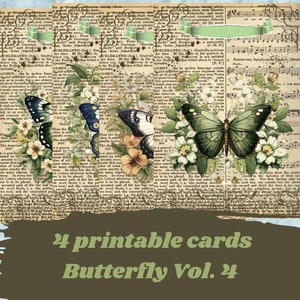 Vintage butterfly junk journal cards, printable cards, digital scrapbooking cards, digital journaling paper, junk journal paper to print
