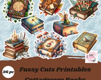 May include: A set of 36 printable cottagecore book stickers. The stickers feature various book designs with whimsical details such as mushrooms, fairies, and birds. The text "Fussy Cuts Printables Cottagecore Books" is included in the image.