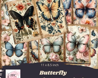 Könnte beinhalten: Ein Set mit 11 Junk-Journal-Seiten zum Thema Schmetterlinge, jede mit einem anderen Schmetterlingsdesign mit floralen Akzenten. Die Seiten sind 27,9 x 21,6 cm groß und perfekt zum Hinzufügen zu einem Junk-Journal oder einem anderen Bastelprojekt.