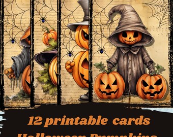 May include: A set of 12 printable Halloween cards. The cards feature illustrations of pumpkins dressed in costumes, set against a vintage background with cobwebs, spiders, and script. The text "Halloween Pumpkins" is displayed on the bottom.