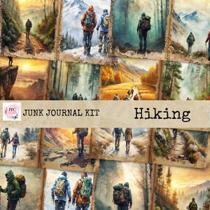 Puede incluir: Una colección de ilustraciones en acuarela que representan a excursionistas en diversos entornos al aire libre. Las imágenes presentan a personas con mochilas, caminando por senderos y disfrutando de vistas panorámicas de montañas y bosques. Se muestra el texto "Junk Journal Kit Hiking".