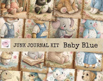 May include: A collection of illustrated baby animals, such as a bunny, panda, lion, and dog, with a vintage style. The text "JUNK JOURNAL KIT Baby Blue" is displayed across the center. The illustrations are set against a backdrop of floral and book-themed backgrounds.