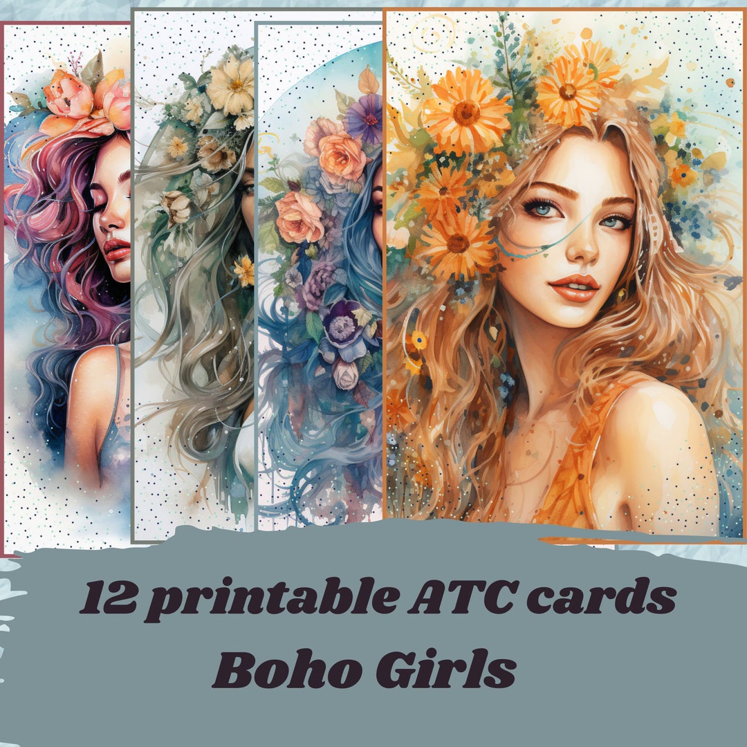 Printable Boho Girls Cards Junk Journal Cards Digital ATC Etsy