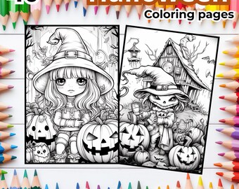 May include: Two black and white Halloween colouring pages featuring witch illustrations with pumpkins. The text "40 Halloween Colouring pages" is at the top, with colourful pencils framing the image.