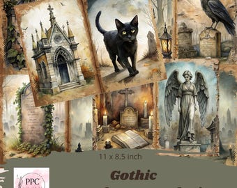 Op de afbeelding: Gothic Junk Journal Kit met 11 x 8,5 inch papier met afbeeldingen van een zwarte kat, een begraafplaats, een kerk, een engel en een raaf.