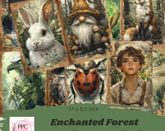 May include: Enchanted Forest Junk Journal Kit, a collection of 11 x 8.5 inch paper cards featuring whimsical illustrations of a gnome, a ladybug, a fox, a rabbit, a boy, and an eagle. The cards are perfect for crafting and scrapbooking.